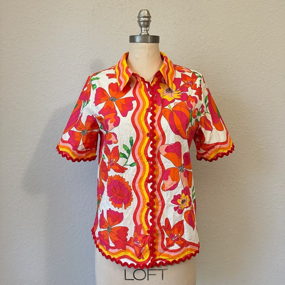 AVARA Melissa Top Multicolor Floral Ric Rac Button Up Shirt Retro Beach